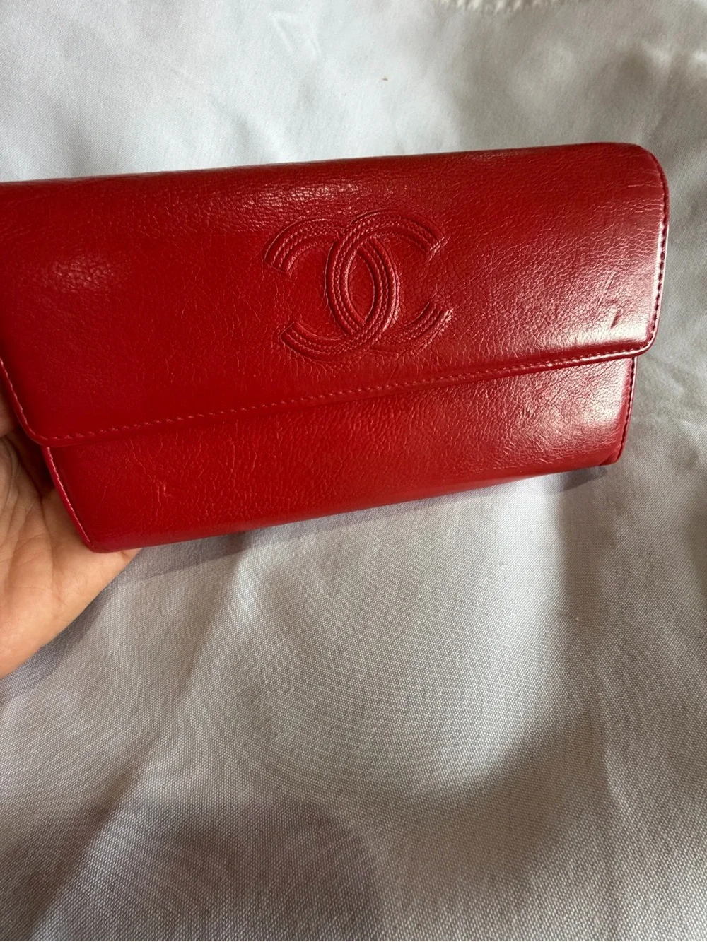 Authentic Chanel Red Lambskin Long Wallet CC Logo Series 26 w/ Added Chain